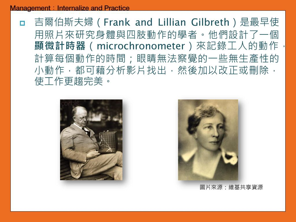 %E5%90%89%E7%88%BE%E4%BC%AF%E6%96%AF%E5%A4%AB%E5%A9%A6%EF%BC%88Frank+and+Lillian+Gilbreth%EF%BC%89%E6%98%AF%E6%9C%80%E6%97%A9%E4%BD%BF+%E7%94%A8%E7%85%A7%E7%89%87%E4%BE%86%E7%A0%94%E7%A9%B6%E8%BA%AB%E9%AB%94%E8%88%87%E5%9B%9B%E8%82%A2%E5%8B%95%E4%BD%9C%E7%9A%84%E5%AD%B8%E8%80%85%E3%80%82%E4%BB%96%E5%80%91%E8%A8%AD%E8%A8%88%E4%BA%86%E4%B8%80%E5%80%8B+%E9%A1%AF%E5%BE%AE%E8%A8%88%E6%99%82%E5%99%A8%EF%BC%88microchronometer%EF%BC%89%E4%BE%86%E8%A8%98%E9%8C%84%E5%B7%A5%E4%BA%BA%E7%9A%84%E5%8B%95%E4%BD%9C%EF%BC%8C+%E8%A8%88%E7%AE%97%E6%AF%8F%E5%80%8B%E5%8B%95%E4%BD%9C%E7%9A%84%E6%99%82%E9%96%93%EF%BC%9B%E7%9C%BC%E7%9D%9B%E7%84%A1%E6%B3%95%E5%AF%9F%E8%A6%BA%E7%9A%84%E4%B8%80%E4%BA%9B%E7%84%A1%E7%94%9F%E7%94%A2%E6%80%A7%E7%9A%84+%E5%B0%8F%E5%8B%95%E4%BD%9C%EF%BC%8C%E9%83%BD%E5%8F%AF%E8%97%89%E5%88%86%E6%9E%90%E5%BD%B1%E7%89%87%E6%89%BE%E5%87%BA%EF%BC%8C%E7%84%B6%E5%BE%8C%E5%8A%A0%E4%BB%A5%E6%94%B9%E6%AD%A3%E6%88%96%E5%88%AA%E9%99%A4%EF%BC%8C+%E4%BD%BF%E5%B7%A5%E4%BD%9C%E6%9B%B4%E8%B6%A8%E5%AE%8C%E7%BE%8E%E3%80%82.jpg