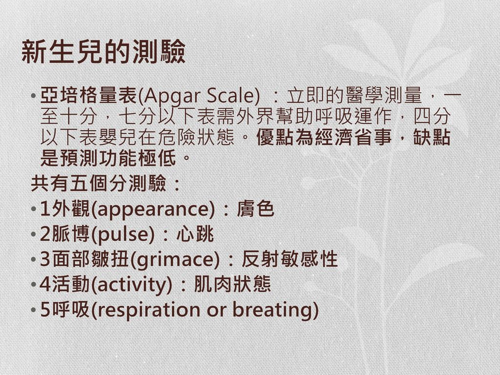 %E6%96%B0%E7%94%9F%E5%85%92%E7%9A%84%E6%B8%AC%E9%A9%97+%E4%BA%9E%E5%9F%B9%E6%A0%BC%E9%87%8F%E8%A1%A8%28Apgar+Scale%29+%EF%BC%9A%E7%AB%8B%E5%8D%B3%E7%9A%84%E9%86%AB%E5%AD%B8%E6%B8%AC%E9%87%8F%EF%BC%8C%E4%B8%80+%E8%87%B3%E5%8D%81%E5%88%86%EF%BC%8C%E4%B8%83%E5%88%86%E4%BB%A5%E4%B8%8B%E8%A1%A8%E9%9C%80%E5%A4%96%E7%95%8C%E5%B9%AB%E5%8A%A9%E5%91%BC%E5%90%B8%E9%81%8B%E4%BD%9C%EF%BC%8C%E5%9B%9B%E5%88%86+%E4%BB%A5%E4%B8%8B%E8%A1%A8%E5%AC%B0%E5%85%92%E5%9C%A8%E5%8D%B1%E9%9A%AA%E7%8B%80%E6%85%8B%E3%80%82%E5%84%AA%E9%BB%9E%E7%82%BA%E7%B6%93%E6%BF%9F%E7%9C%81%E4%BA%8B%EF%BC%8C%E7%BC%BA%E9%BB%9E+%E6%98%AF%E9%A0%90%E6%B8%AC%E5%8A%9F%E8%83%BD%E6%A5%B5%E4%BD%8E%E3%80%82+%E5%85%B1%E6%9C%89%E4%BA%94%E5%80%8B%E5%88%86%E6%B8%AC%E9%A9%97%EF%BC%9A.jpg