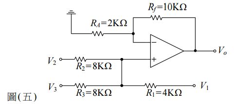 如圖(五)所示非反相加法器,若v =0.5v,v =1.0v,v =– 0.