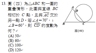 13.	圖（四）為△ABC和一圓的重疊情形，此圓與直線BC相切於C點，且與 交於另一點D。若∠A＝70∘，
∠B＝60∘，則CD的度數為何？
<br/>(A) 50
<br/>(B) 60
<br/>(C) 100
<br/>(D) 120
