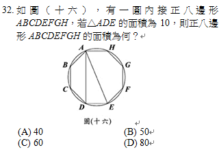 32.	如圖（十六），有一圓內接正八邊形ABCDEFGH，若△ADE的面積為10，則正八邊形ABCDEFGH的面積為何？
 
<br/>(A) 40	<br/>(B) 50
<br/>(C) 60	<br/>(D) 80
