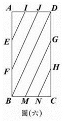 17.	圖（六）表示E、F、G、H、I、J、M、N八點在長方形ABCD
四邊上的位置，其中 ＝ ＝ ＝ ＝ ＝ ，且
 ＝ ＝ ＝ ＝ ＝ 。若長方形ABCD的周長為32，對角線長為12，則 、 、 、 、 五線段的長度和為何？
<br/>(A) 28
<br/>(B) 36
<br/>(C) 44
<br/>(D) 48
