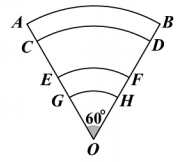 16.如圖（八），@ - CD - EF -⑤均為以0點為圓心所畫出的四個相異弧，其 度數均為60°，且（7在汉？上，（：、£在：?石上。若：5?; = ；^，丽=1 ， AG = 2，則CD與_E_F兩弧長的和為何？	__
